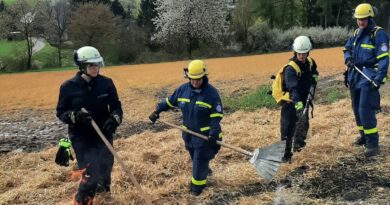 Das Strohfeuer bekämpften die Einsatzkräfte mit Feuerpatschen und Löschrucksacken. Foto: Feuerwehr Wetter (Ruhr)