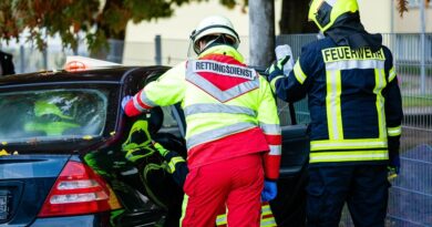 Mitarbeiter von Feurewehr und Rettungsdienst an einem Unfallfahrzeug (Symbolbild).