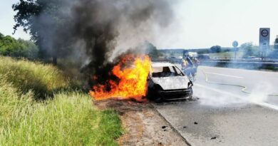 Lagebild: Brennnendes Auto und Böschungsbrand am Fahrbahnrand der A1.