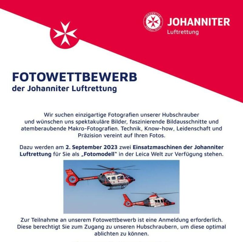 Flyer zum Fotowettbewerb der Johanniter Luftrettung. Abgebildet zwei Rettungshubschrauber sowie Infotext.