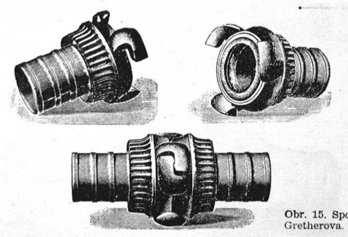 System Grethen: Es wurde 1877 entwickelt. Auch hier sind beide Kupplungshälften gleich, aber die Verbindungselemente (Knaggen) liegen außen und sind somit anfällig. Quelle: Cornel Szkasko