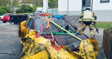 Das ausgebrannte Auto im Recover-E-Bag
